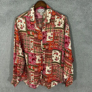 Vintage Button Up Top Womens Large‎ Silk Red Floral Patchwork Boho Indie Hippie